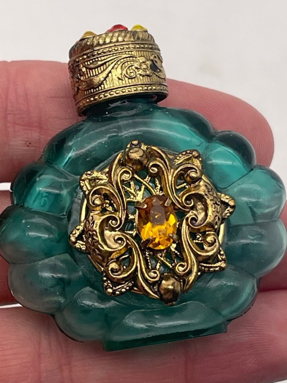Vintage Czech Filigree Perfume Mini Bottle Glass Dabber Gold Green Rhinestone B2